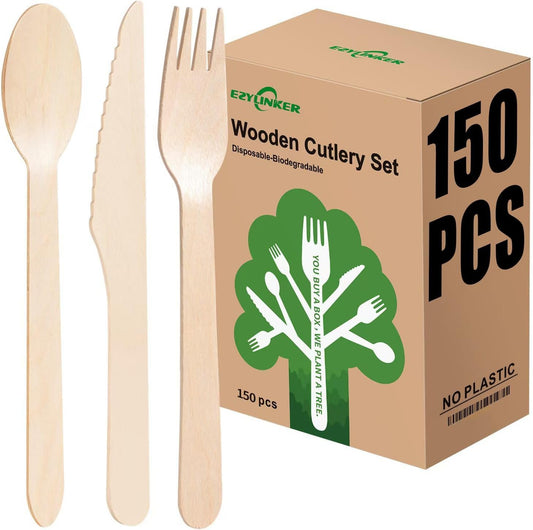 (150 Count) Disposable Wooden Cutlery Set - Alternative to Plastic, Eco Friendly, Biodegradable, Compostable Cutlery Set - 50 Wood Spoons, 50 Wooden Knives & 50 Wooden Forks Disposable Utensils Set
