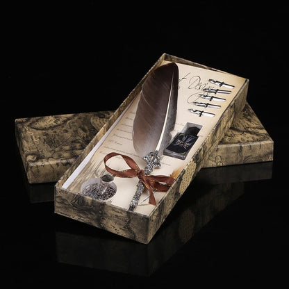 Antique Feather Dip Pen Quill Pen Calligraphy Metal Nibbed Pen Writing Ink Set Stationery Gift Box 5 Nibs(Black)