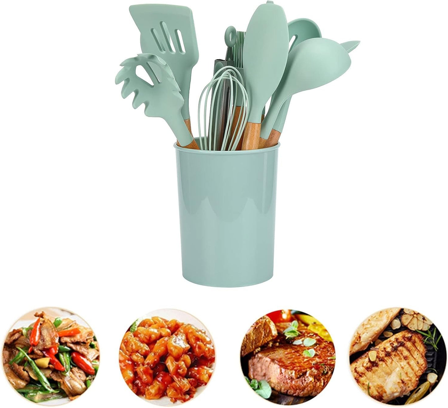 ZPSHYD Set di utensili da cucina in silicone con manici in legno, 12 pezzi gadget da cucina, verde chiaro, include spazzola per olio, cucchiaio antiaderenteForniture da cucina per la casa