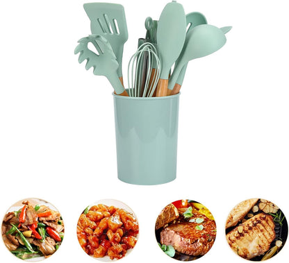 ZPSHYD Set di utensili da cucina in silicone con manici in legno, 12 pezzi gadget da cucina, verde chiaro, include spazzola per olio, cucchiaio antiaderenteForniture da cucina per la casa