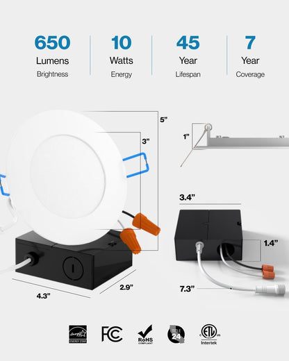 Sunco Lighting 12 Pack 4 Inch Slim LED Downlight with Junction Box,10W=60W, 650 LM, Dimmable, 3000K Warm White, Recessed Jbox Fixture, Simple Retrofit Installation - ETL & Energy Star