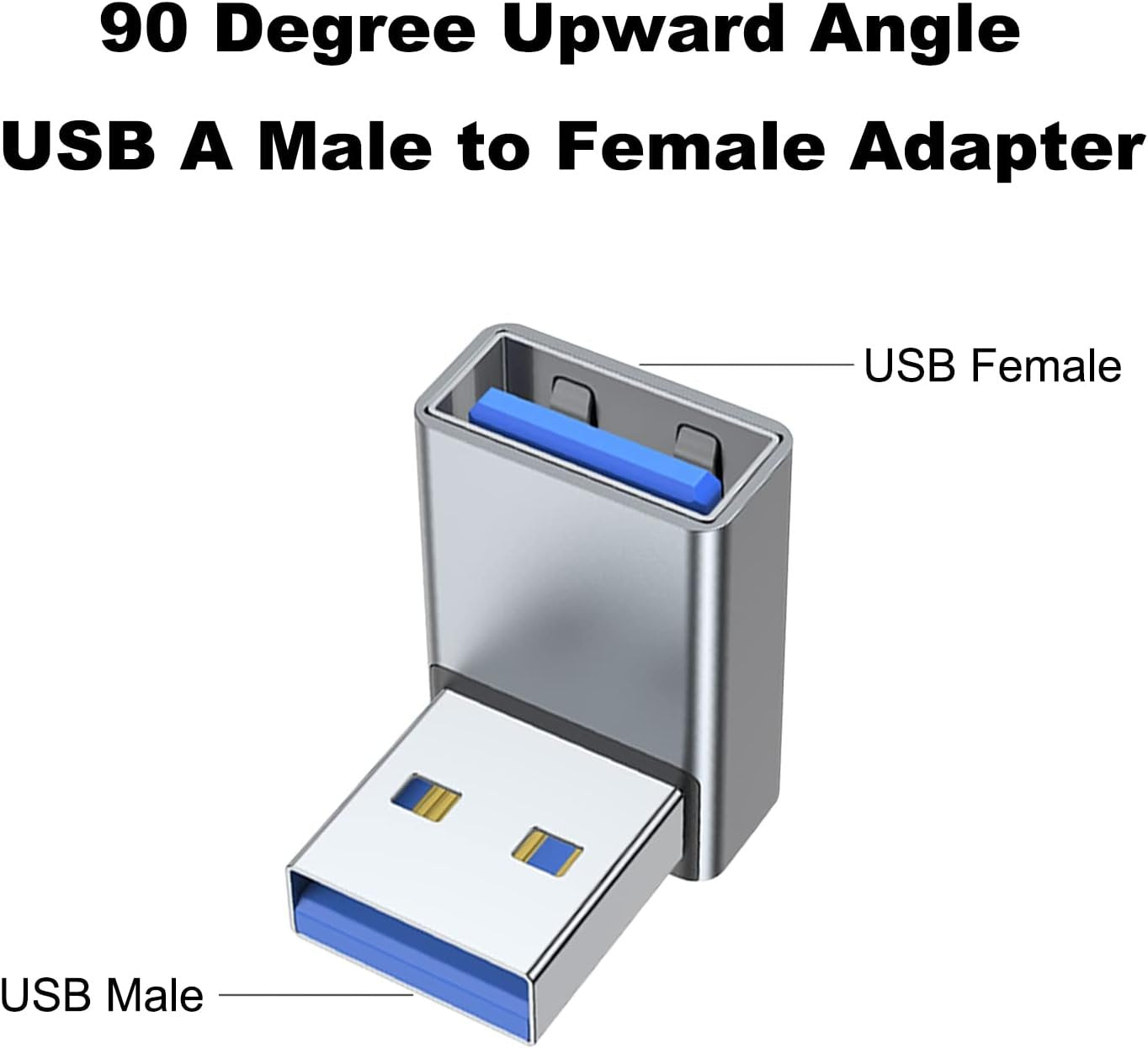 AreMe 90 Degree USB 3.0 Adapter 2 Pack, Upward Angle USB A Male to Female Converter Extender for PC, Laptop, USB A Charger, Power Bank and More (Grey)