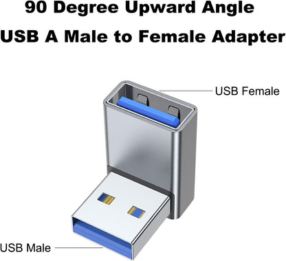 AreMe 90 Degree USB 3.0 Adapter 2 Pack, Upward Angle USB A Male to Female Converter Extender for PC, Laptop, USB A Charger, Power Bank and More (Grey)