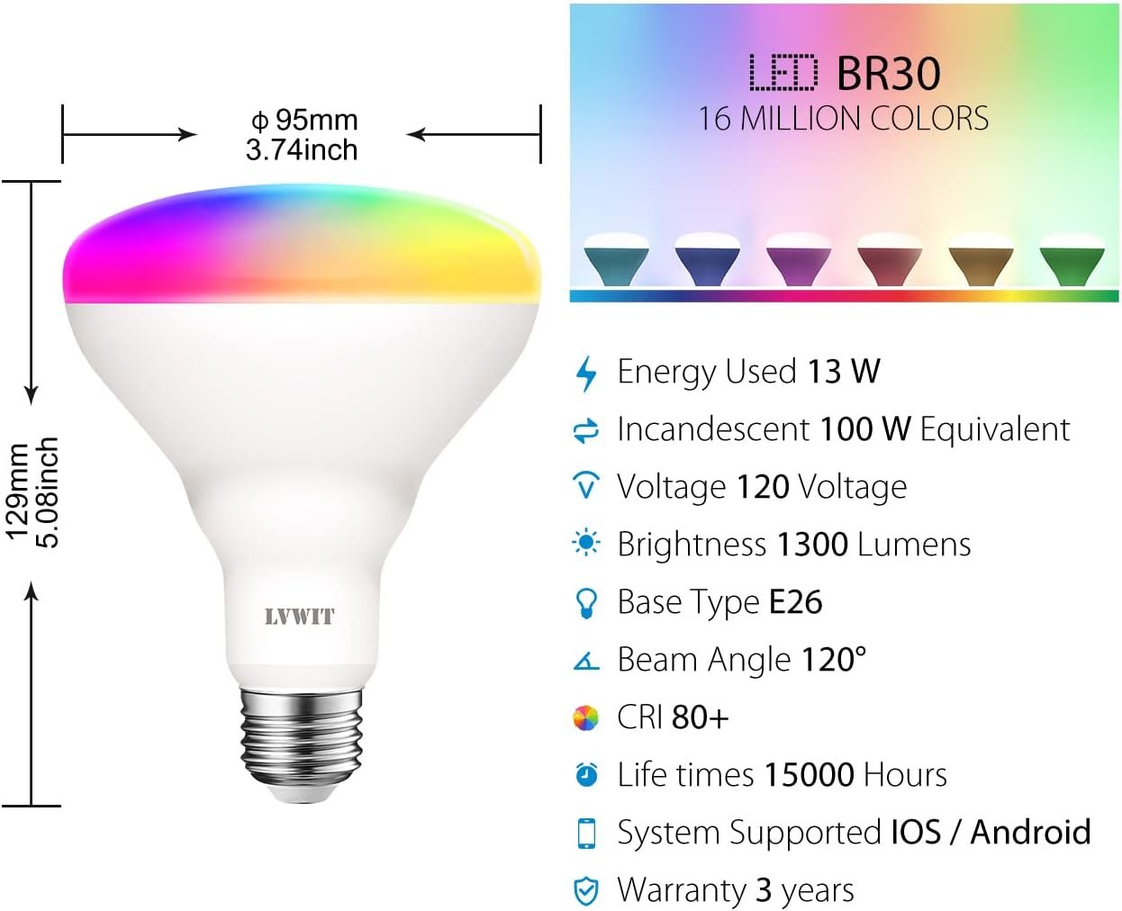 LVWIT Smart Light Bulbs Alexa, BR30 100W Equivalent, E26 Smart LED, Work with Google Assistant, Smart Life App, Tuya App, RGB Color Changing Bulb (13W), No Hub Required, 4-Pack