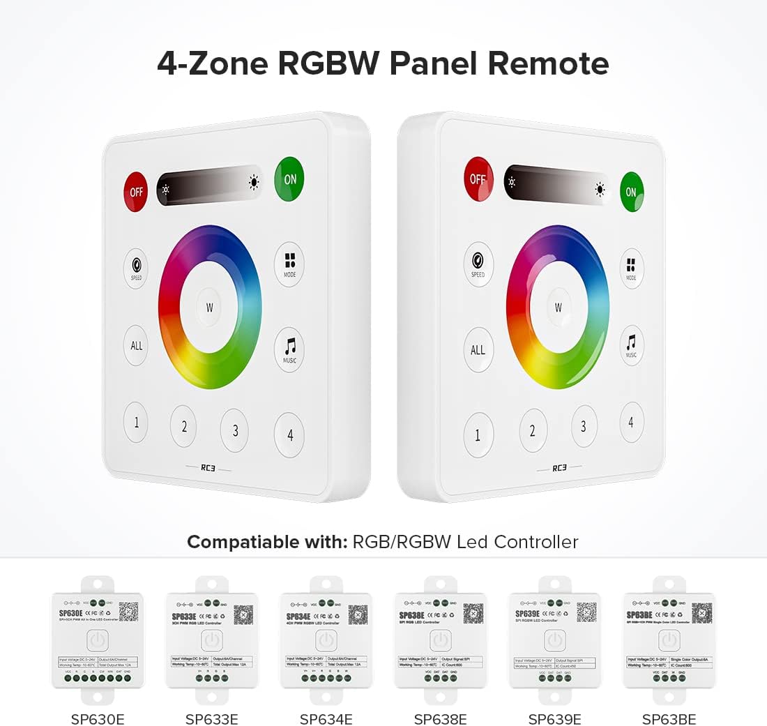 BTF-LIGHTING RC3 Wireless 2.4G RF 4 Zone RGB LED Strip Wall Mount Smart Panel Remote Control Powered by 3V (CR2032) Work with SP630E SP633E SP634E SP638E SP639E SP63BE