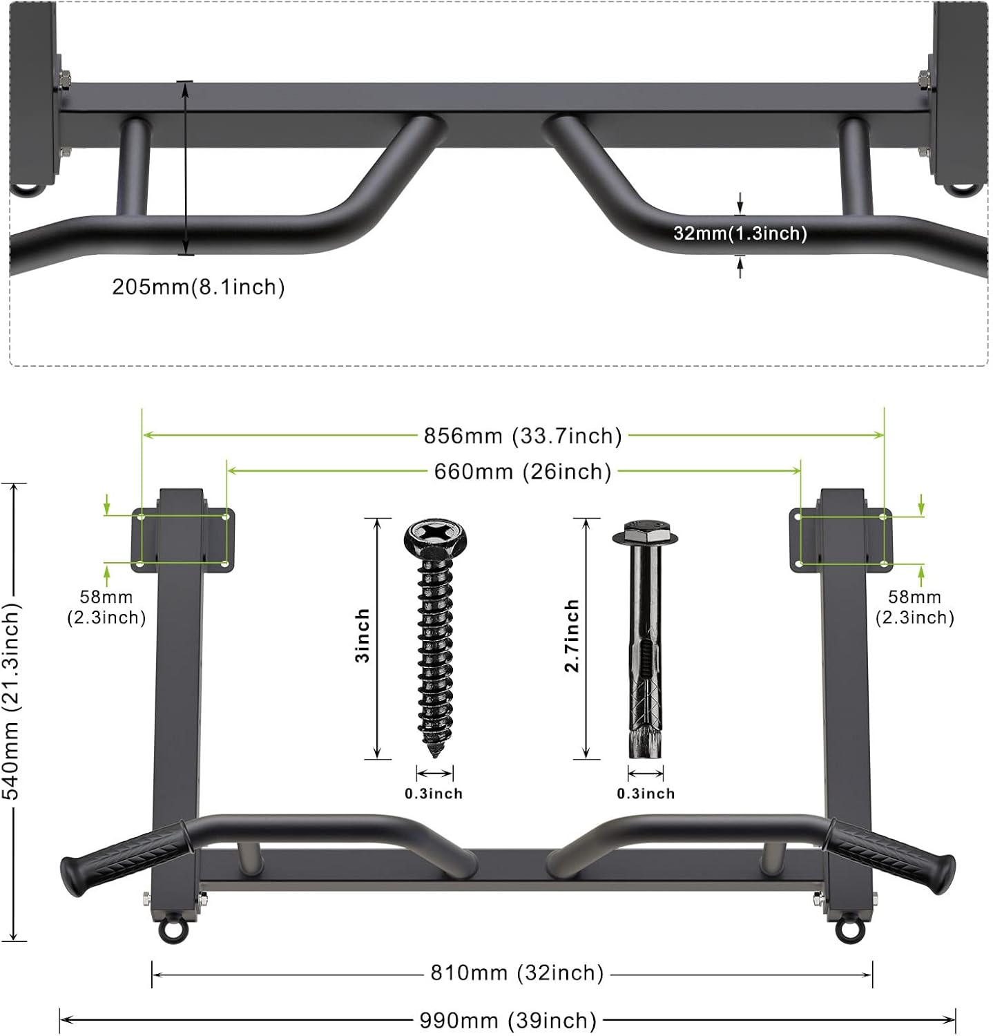 Kipika Multifunctional Joist Mounted Pull Up Bar, 4 Levels of Height Adjustment, Multi-Angle Grip, Chin Up Bar Joist Mount, Home Gym Workout Strength Training Equipment