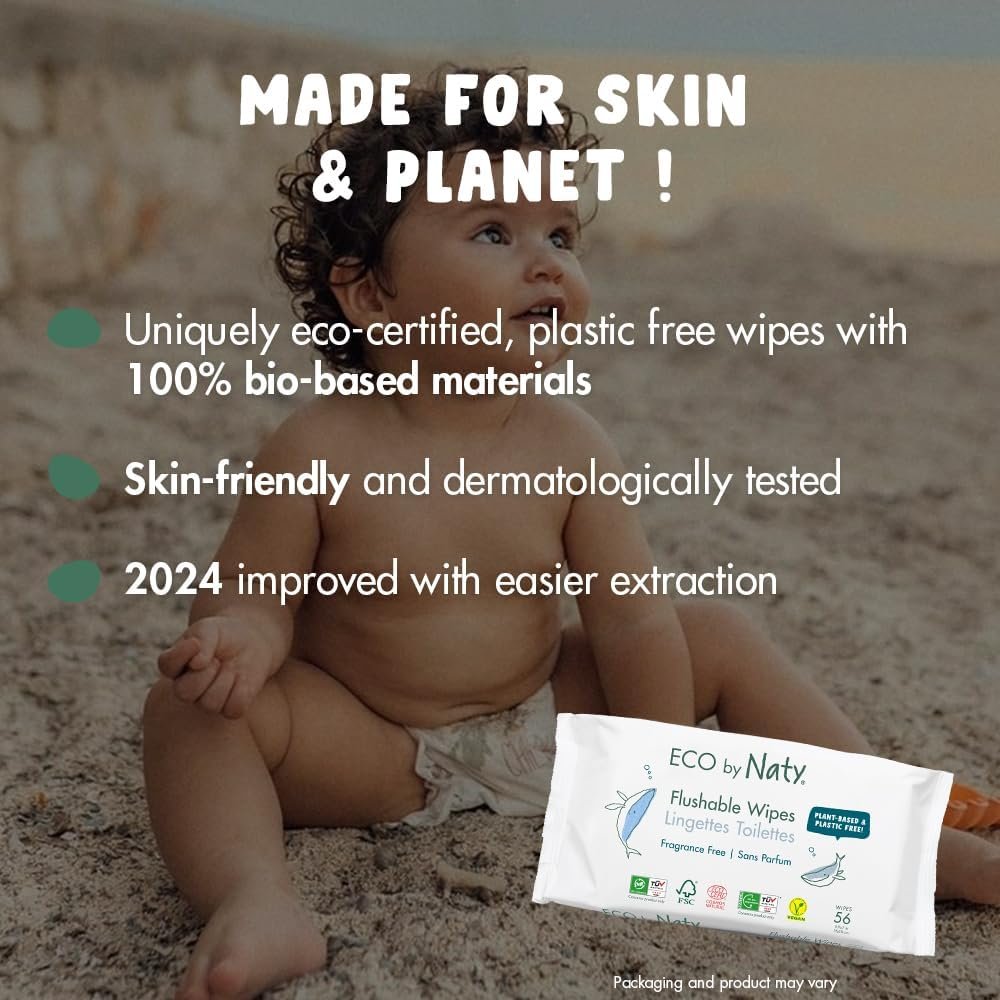 Eco by Naty Flushable Baby Wipes - Compostable and Plant-Based Wipes, Chemical-Free and Hypoallergenic Baby Wipes Safe for Baby Sensitive Skin (672 Count - 12 packs of 56)