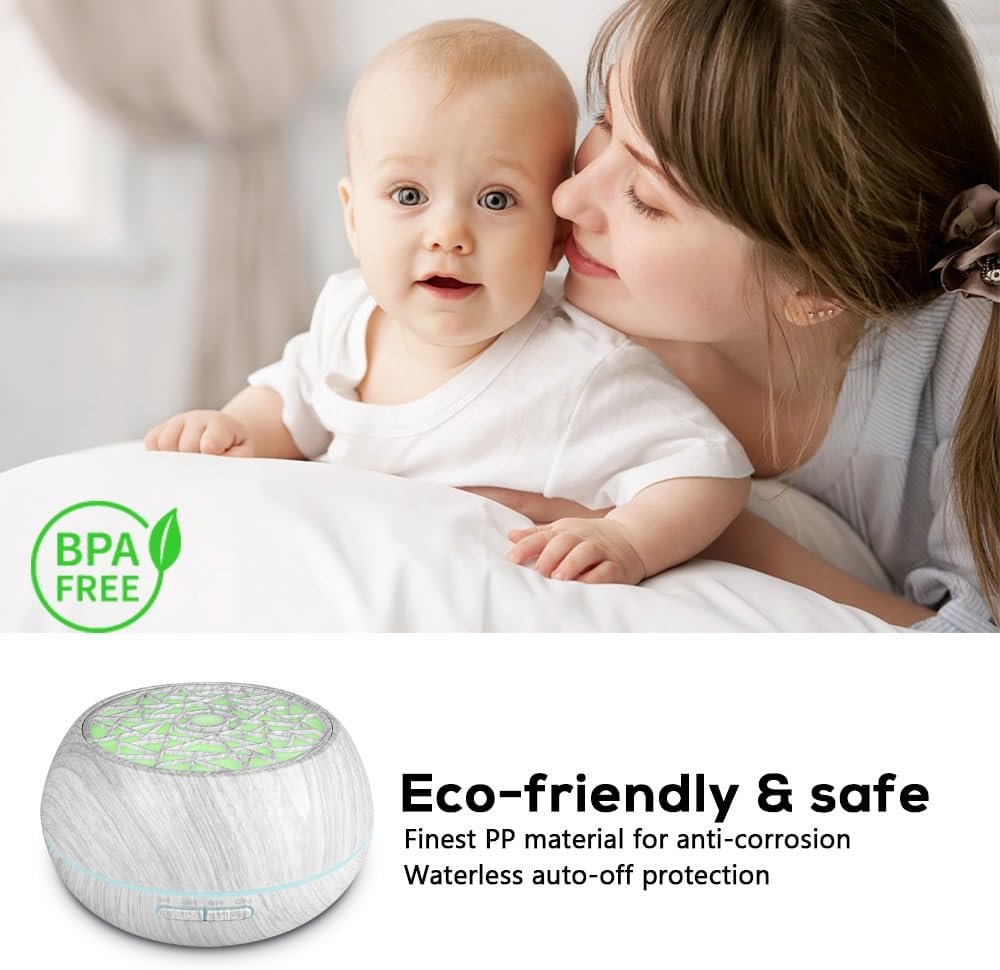 550ml Large Capacity Essential Oil Diffuser Aromatherapy Ultrasonic Diffusers Humidifier with Timer and 7 Color LED Night Light Setting Auto-Off Function White Wood Grain for Home Office Spa
