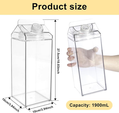 LCZNXJJY 66.8oz Milk Carton Water Bottles Transparent Drinking Cup Reusable Square Juice Bottles Leakproof Clear Plastic Milk Box Container for Water Juice Ice Tea Sports Outdoor Travel Camping