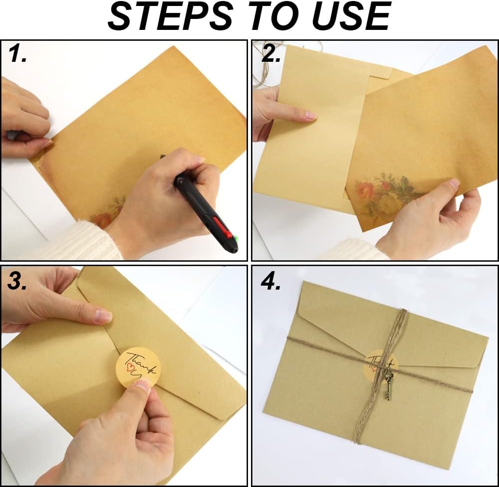 Modixun 96pcs Vintage Paper and Envelopes, Retro Kraft Writing Stationery Paper and Envelopes, Include Antique 32 Papers, 16 Envelopes, 16 Ropes, 16 Pendants, 16 Stickers