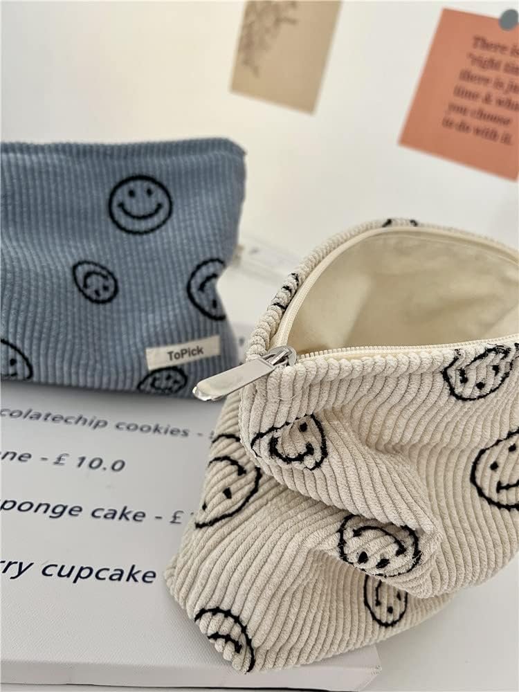 Corduroy Makeup Bag, Cosmetic Bag with Zipper Closure, Make Up Bag Handbags Purses Pouch Travel for Women, Smile Dots Organizer Storage Bag Girls Pencil Case, Clean Girl Aesthetic Must Haves