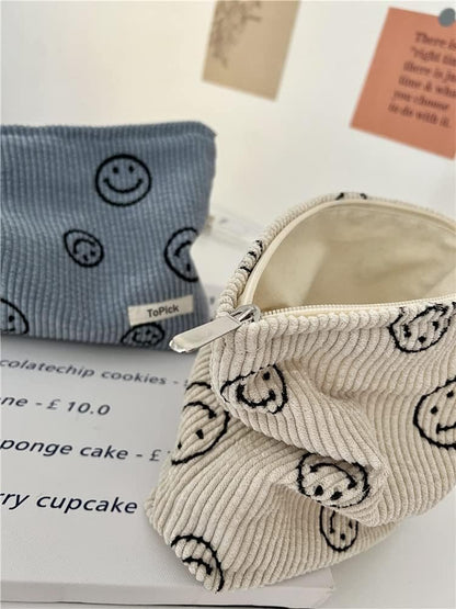 Corduroy Makeup Bag, Cosmetic Bag with Zipper Closure, Make Up Bag Handbags Purses Pouch Travel for Women, Smile Dots Organizer Storage Bag Girls Pencil Case, Clean Girl Aesthetic Must Haves