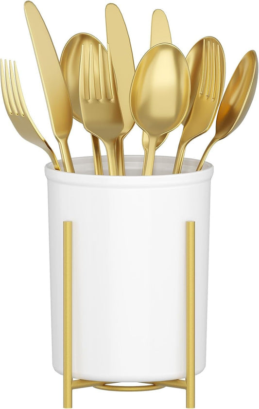Lifewit Silverware Holder for Kitchen Countertop, Cutlery Flatware Caddy with Bracket, Plastic Utensil Spoon Fork knives Organizer for Party Picnic, Gold, 1 Pack