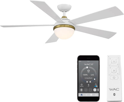 WAC Smart Fans Eclipse Indoor and Outdoor 5-Blade Smart Home Ceiling Fan 54in Satin Brass Matte White with 3000K LED Light Kit and Remote Control works with Alexa and iOS or Android App