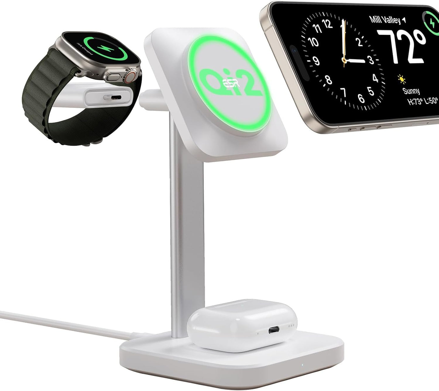 ESR Qi2 3 in 1 Wireless Charging Station, [Certified] & 15W Qi2 MagSafe Charger Stand for iPhone, Wireless Charger for Multiple Devices iPhone 16/15/14/13&Watch&AirPods, White