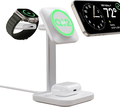 ESR Qi2 3 in 1 Wireless Charging Station, [Certified] & 15W Qi2 MagSafe Charger Stand for iPhone, Wireless Charger for Multiple Devices iPhone 16/15/14/13&Watch&AirPods, White