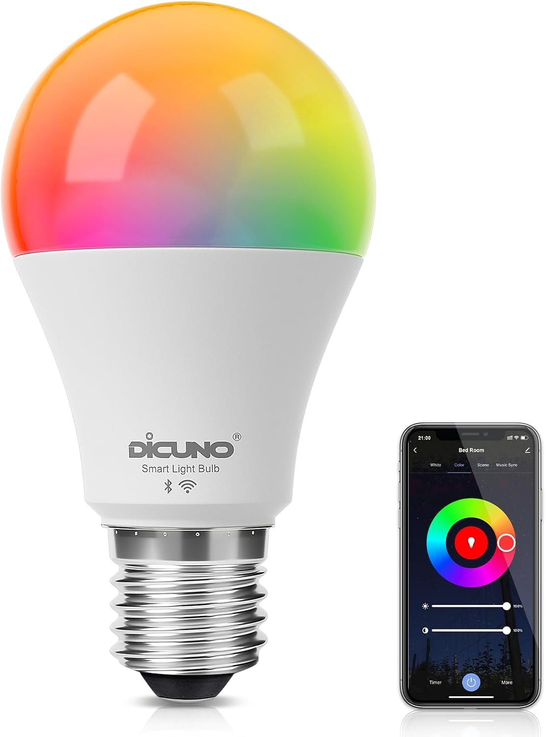 DiCUNO Smart Bulb, E27 Smart Light Bulb, 9W 800LM, 60W Equivalent, Multicolour, Compatible with Alexa and Google Home, RGBCW WiFi LED Lamp, Dimmable, No Hub Required, 1-Pack