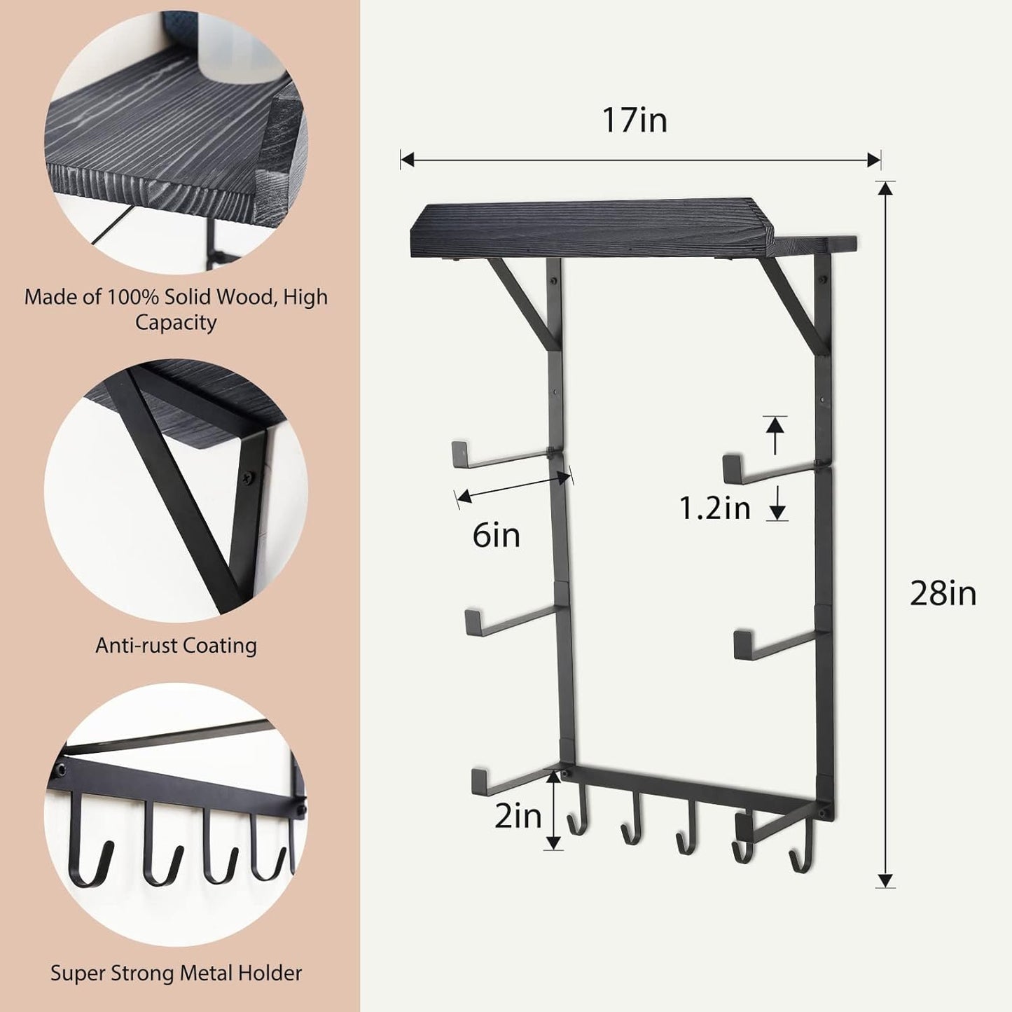 DOCMON Yoga Mat Holder Wall Mount,17" x 28" Yoga Mat Rack Home Gym Accessories, Storage for Foam Roller, with Wood Floating Shelves and 5 Hooks for Hanging Yoga Strap and Resistance Bands (Black)