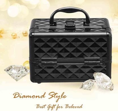 Cosmetic Beauty Case, Portable Lockable Makeup Jewelry Organizer, Travel Makeup Storage Box w/Mirror, Diamond Rose Gold, for Home Travel Gift (Black)