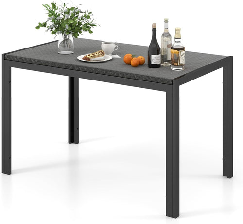Tangkula Patio Wicker Dining Table for 6, 48 Inch Rectangular Table with Rattan Tabletop & Heavy-Duty Metal Frame, Outdoor Dining Table for Front Porch, Backyard