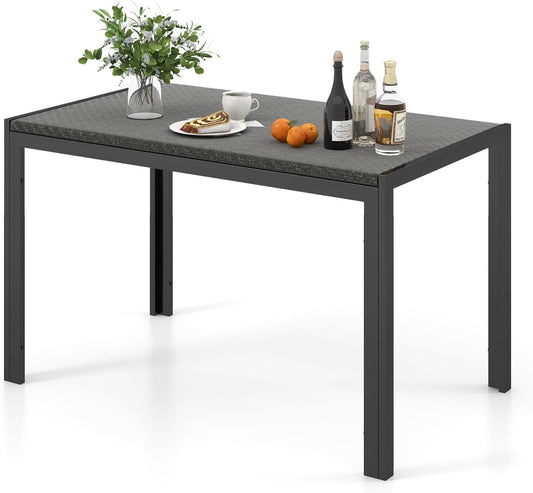 Tangkula Patio Wicker Dining Table for 6, 48 Inch Rectangular Table with Rattan Tabletop & Heavy-Duty Metal Frame, Outdoor Dining Table for Front Porch, Backyard