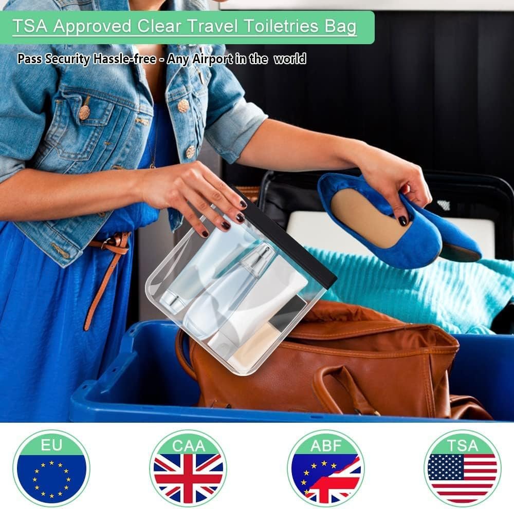 Clear TSA Approved Quart Size Carry-On Waterproof Toiletry Bag, 4 Pack, Airport Security 3-1-1 Compliant Transparent for Toiletries Cosmetics Travel (Black)