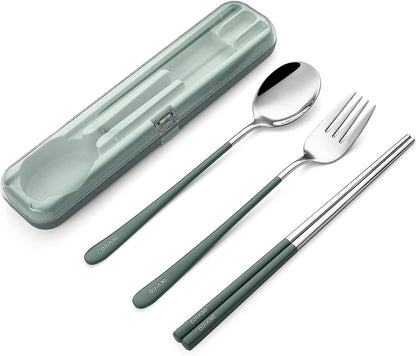 DEVICO Portable Utensils, Travel Reusable Silverware Flatware Set for Lunch, 18/8 Stainless Steel 4-Piece Camping Cutlery Include Fork Spoon Chopsticks with Case (Green-A)