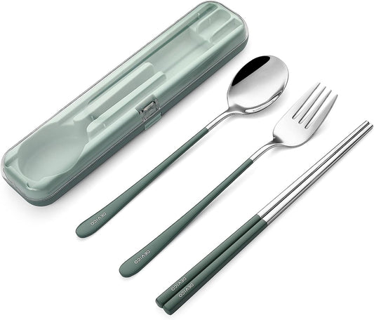 DEVICO Portable Utensils, Travel Reusable Silverware Flatware Set for Lunch, 18/8 Stainless Steel 4-Piece Camping Cutlery Include Fork Spoon Chopsticks with Case (Green-A)