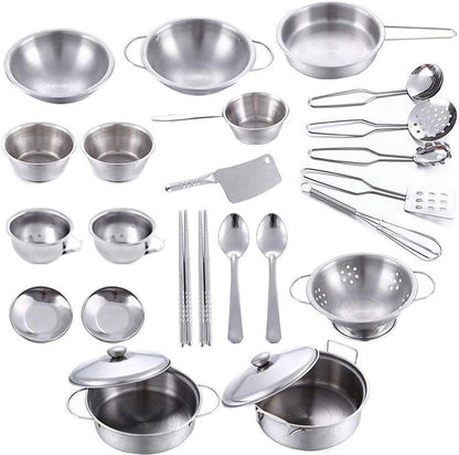 Hnvdkln 25Pcs Pretend Play Kitchen Cookware Playset - Stainless Steel Pots, Pans, and Cooking Utensils for Kids' Learning and Play