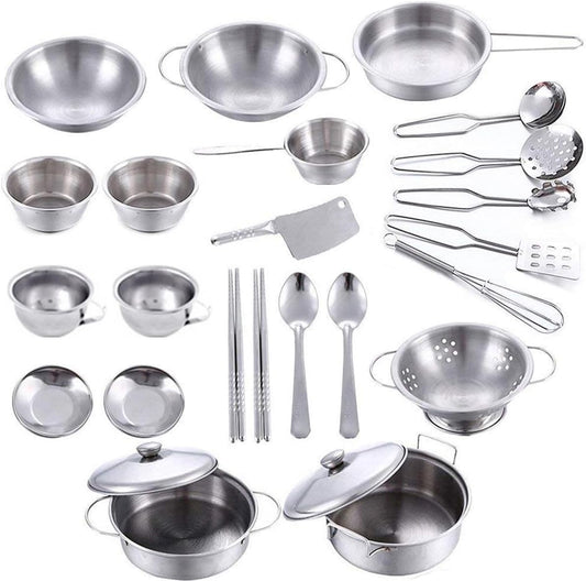 Hnvdkln 25Pcs Pretend Play Kitchen Cookware Playset - Stainless Steel Pots, Pans, and Cooking Utensils for Kids' Learning and Play