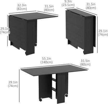 HOMCOM Folding Dining Table, 55" Drop Leaf Table for Small Spaces, Foldable Table with Storage Shelves for Kitchen, Dining Room, Black