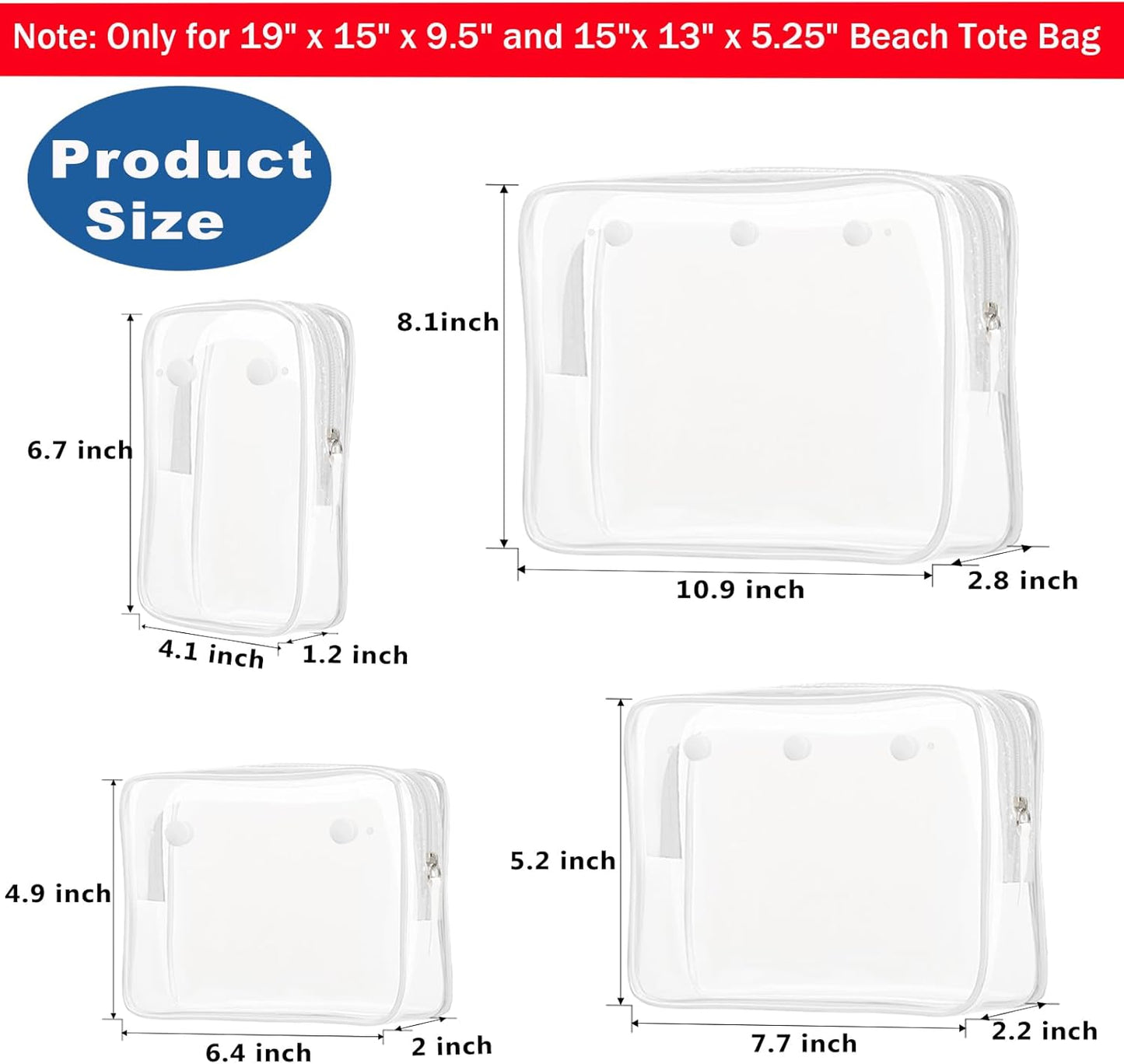 Clear Insert Bag Accessories for Beach Tote Bag, Clear Travel Storage Inner Pouch for Cosmetic, Toiletry & Makeup Brush Organizer Divider