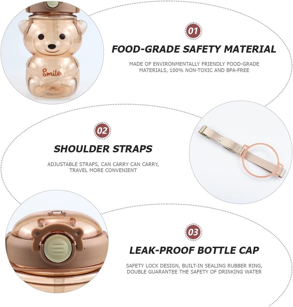 YOLUFER Kawaii Transparent Water Bottle Cute Bear Water Bottles with Straw Water Bottle with Adjustable Shoulder Strap Drinking Cups for Sports Camping Picnic Hiking Travel (35oz) (Coffee)