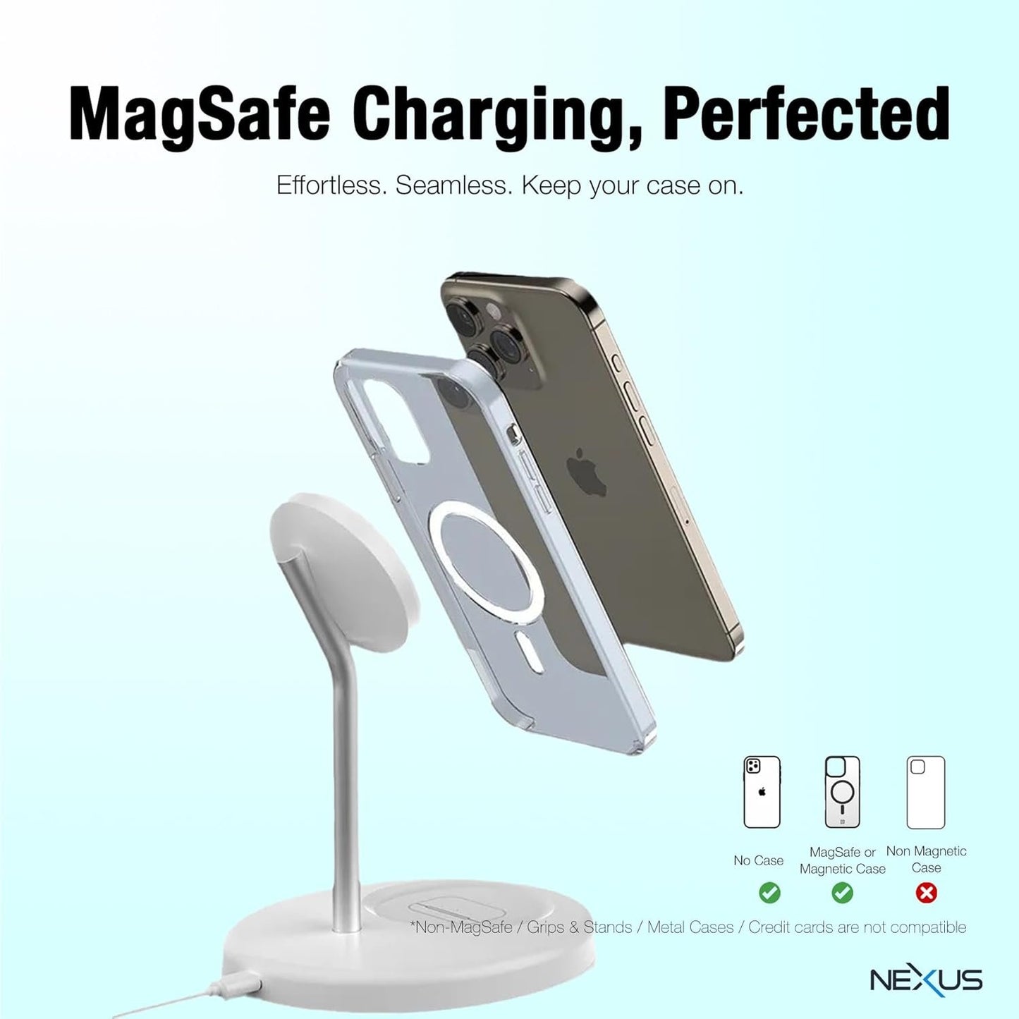 NEXUS NexusMag Wireless Charger, 15W Fast Charge, 2 in 1 MagSafe Charging Stand, Lightweight, Compatible with iPhone 16/15/14/13/AirPods Pro/Galaxy S25 Ultra/Pixel 9 Pro (No AC Adapter)