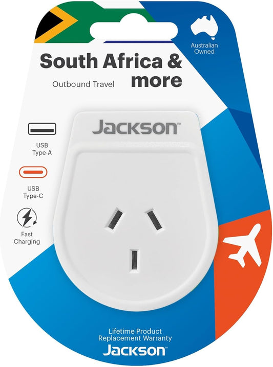Jackson AUS - South Africa USB-A & USB-C Travel Adapter, White