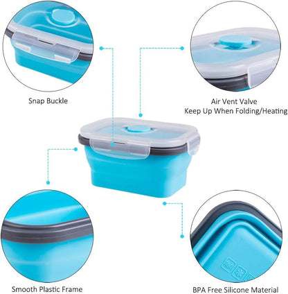 Collapsible Food Storage Containers with Airtight Lid and Vent Valve, Stacking Silicone Collapsible Storage Containers for Food, Microwave & Freezer & Dishwasher Safe, Blue, Small, Set of 4