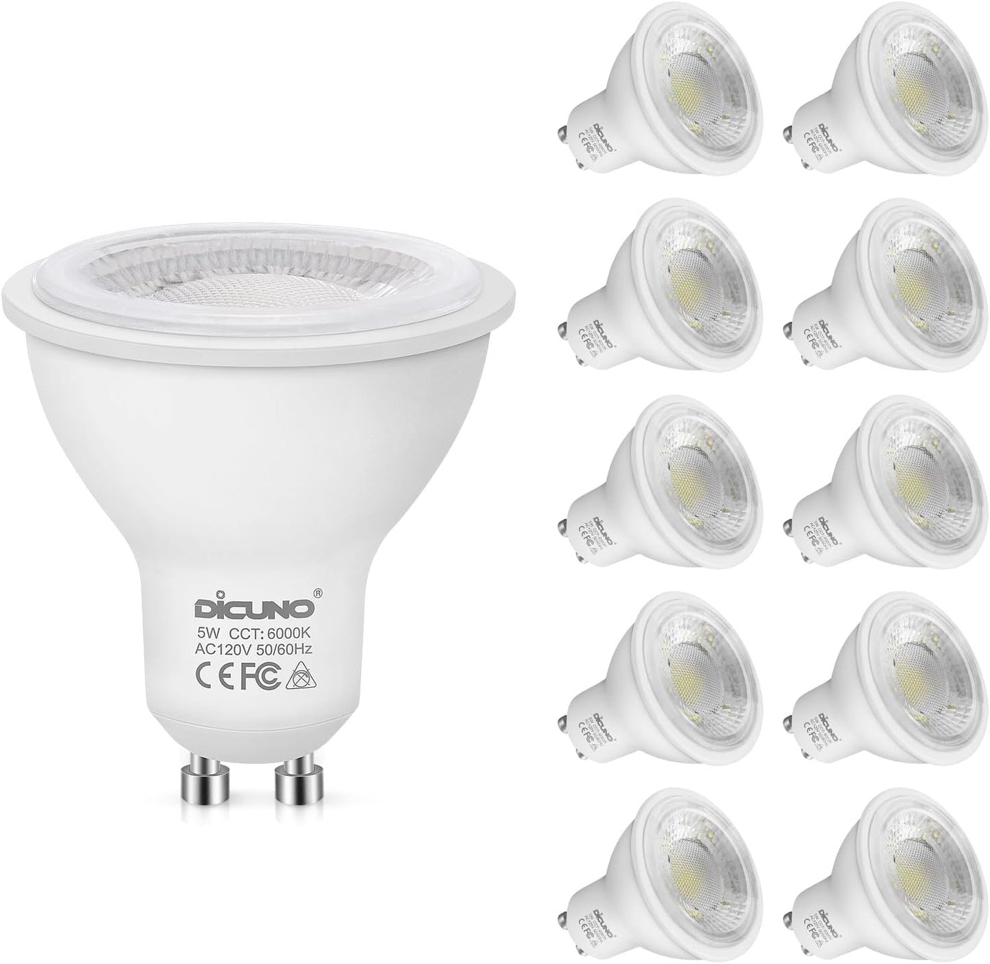 DiCUNO GU10 LED Bulbs, 50W Equivalent, 6000K Daylight White, 5W 500lm, MR16 45° Flood, Non-Dimmable for Track & Recessed Lighting, 10-Pack