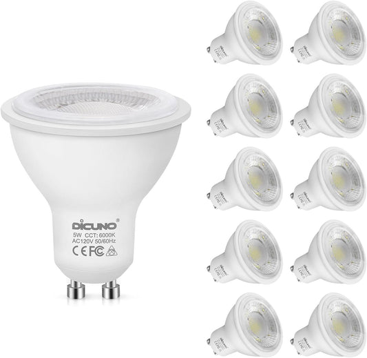 DiCUNO GU10 LED Bulbs, 50W Equivalent, 6000K Daylight White, 5W 500lm, MR16 45° Flood, Non-Dimmable for Track & Recessed Lighting, 10-Pack