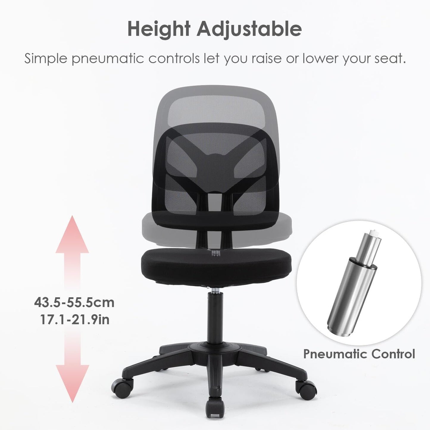 Moustache Task Office Desk Chair, Armless Executive Office Chair with Adjustable Height and Swivel Wheels for Home Studying Gaming (Black)