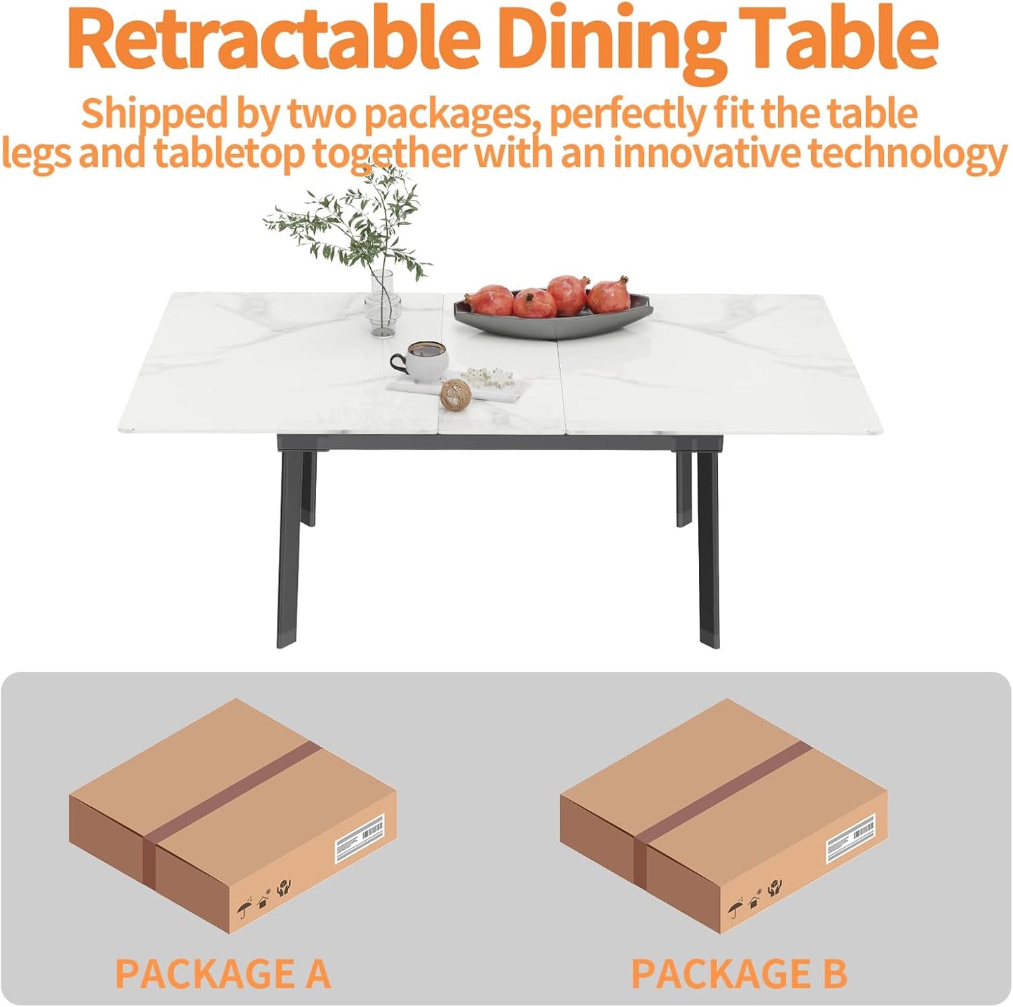 Extendable Dining Table Sintered Stone: Rectangular Kitchen Room Table Stretchable 150cm - 180cm Snow Mountain White Marble Texture Leaves Tables 6-8 Seater with Flat-Sided Oval Steel Legs