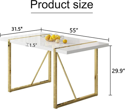 CTPNMCIN Modern Dining Table, 55'' Dining Room Table for 4-6 People, White Wood Tabletop with Gold Metal Legs, Suitable for Small Space