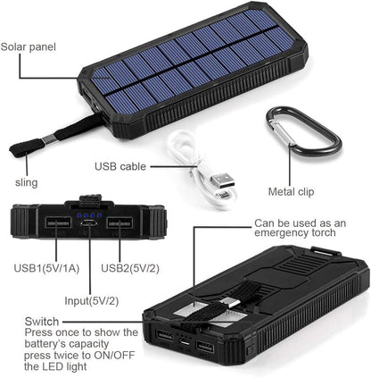 Solar Charger, Friengood 15000mAh Portable Solar Power Bank with Dual USB Output Ports, Solar Phone Charger External Battery Pack with 6 LED Flashlight Light for iPhone, iPad, Android and More (Black) …