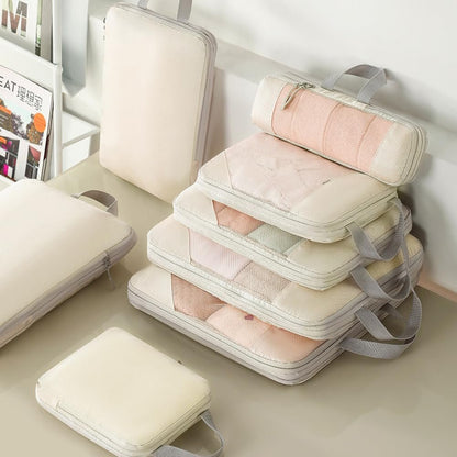 Compression Packing Cubes for Travel Suitcase Organizer Bags Set of 7 Travel Accessory Expandable Packing Organisers With Laundry Bag and Toiletry Bag (Beige)