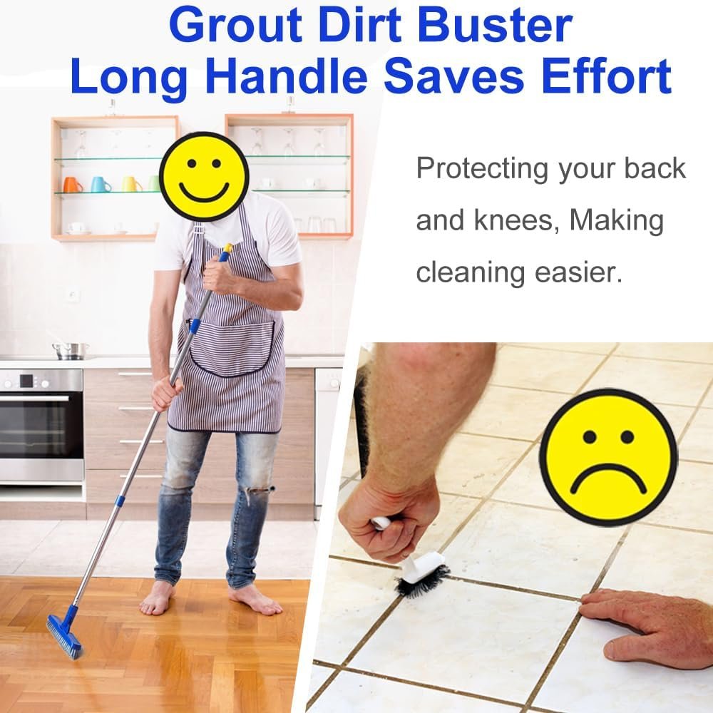 Heavy-Duty Grout Cleaner Brush with 58" Stainless Steel Adjustable Handle, Shower Floor Scrubber for Grout Lines, Tiles, Corners, and Hard-to-Reach Areas Cleaning Tool