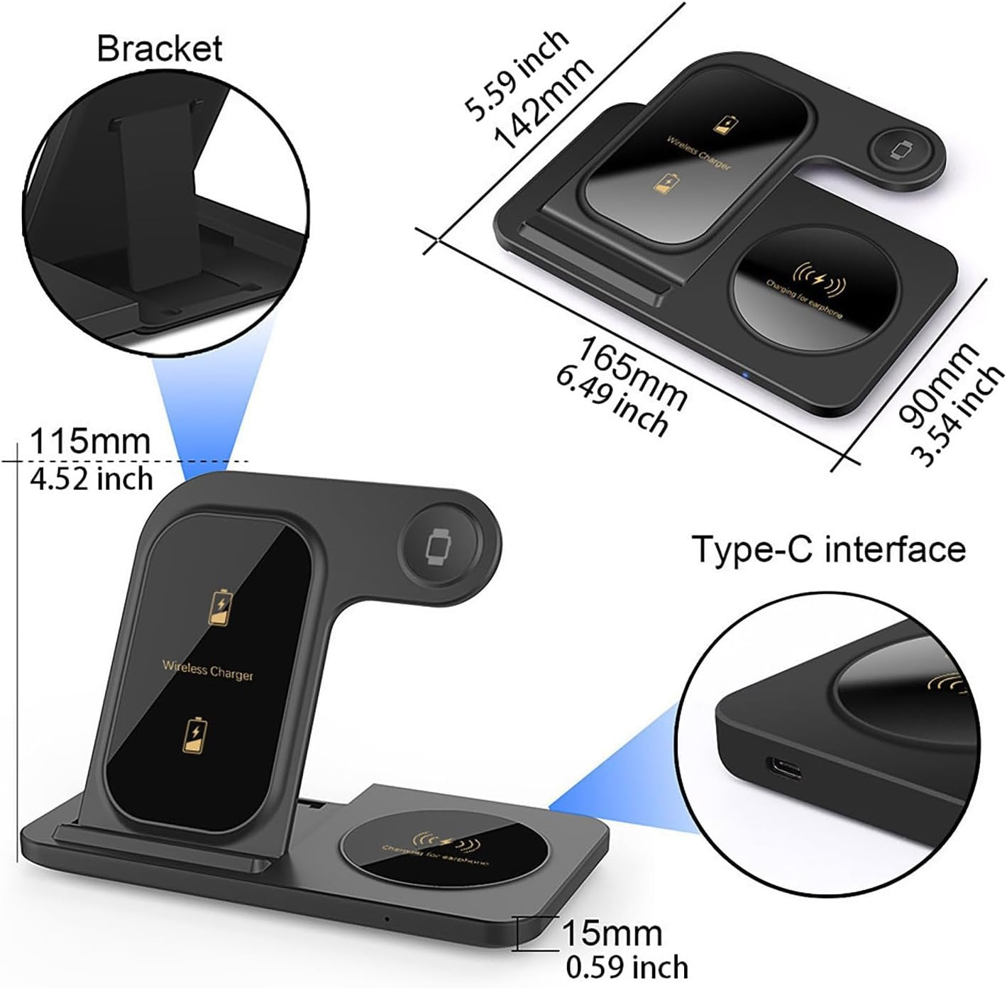 3 in 1 Wireless Charger Charging Station Foldable 15W Fast Charge Stand for iPhone 16 15 14 13 12 11 Pro Max XS XR 8 Plus,AirPods Pro2/4/3/2,Apple Watch Series 10/Ultra 2/9/8/7/6/SE/5/4/3/2,Black