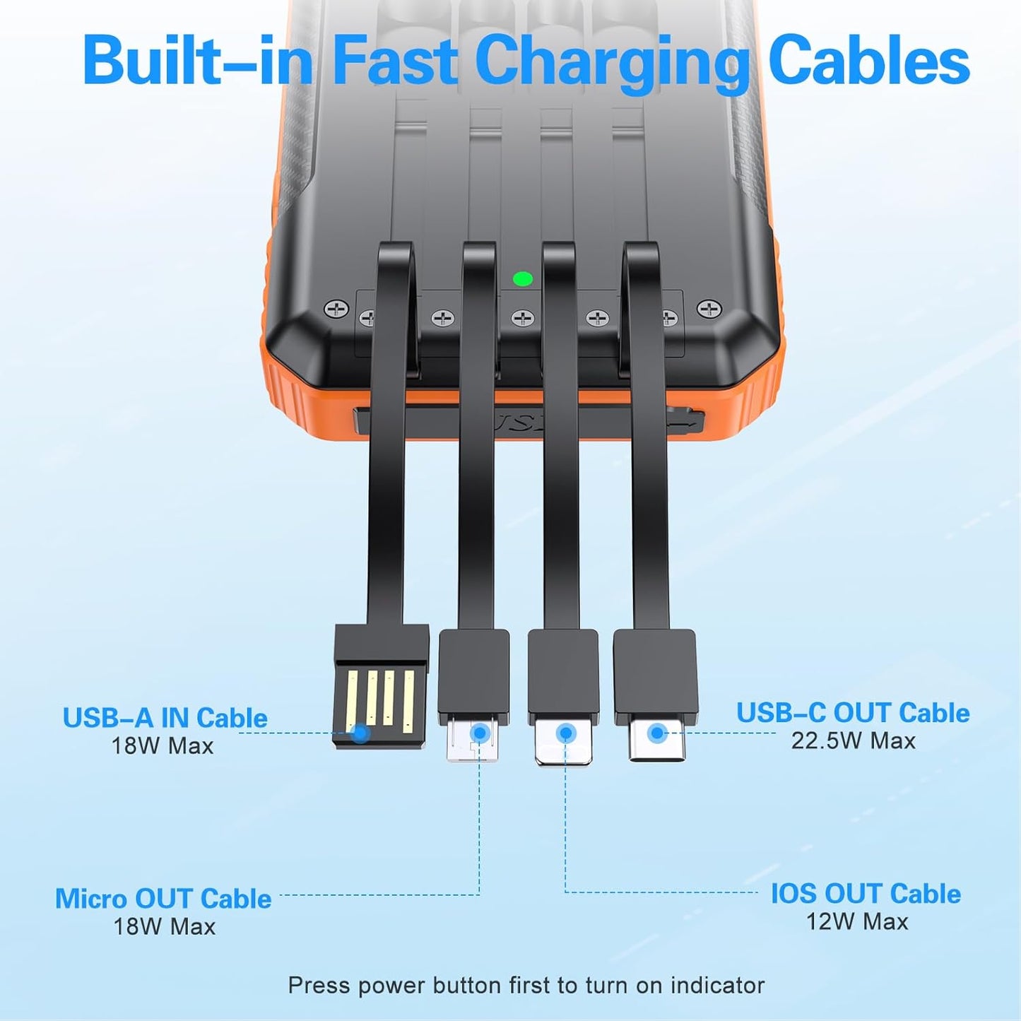 Solar Power Bank 33800mAh Built in 4 Cables, 22.5W USB C Fast Charging Portable Phone Charger, 6 Outputs & 4 Inputs with LED Camping Lights Battery Pack for Outdoor iPhone Samsung Tablet (Orange)