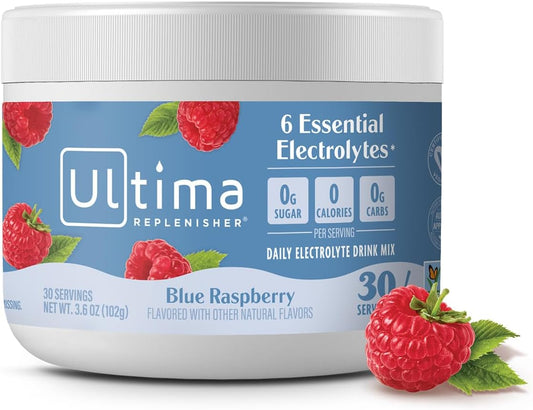 Ultima Replenisher Electrolyte Hydration Powder, Blue Raspberry, 30 Servings - Sugar Free, 0 Calories, 0 Carbs - Gluten-Free, Keto, Non-GMO, Vegan, with Magnesium, Potassium, Calcium