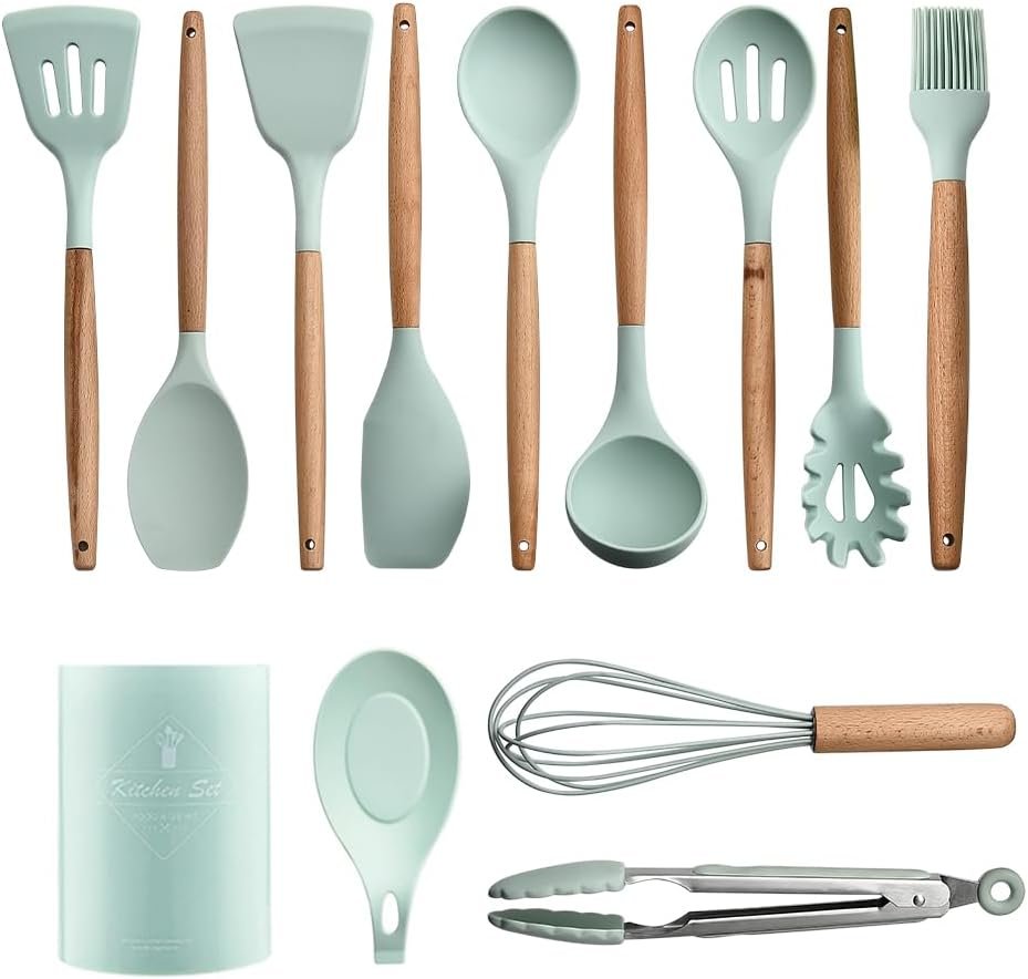 Kitchen Utensils Set for Cooking : 13 Pieces Silicone Wood Handle Kitchen Spatula Set - Heat Resistant Kitchen Gadgets Tools for Non-Stick Cookware(Green)