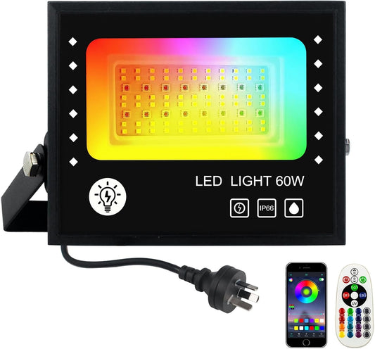 BOSITE 60W RGB +White/Warm Floodlight, Waterproof IP66 LED Flood Light, Smart Dimmable Outdoor LED Light with Remote/APP Control for Garden, Patio/Yard/Stage Lighting/Christmas/Halloween Parties Decor