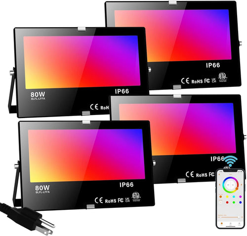 LED Flood Light Outdoor 800W Equivalent, Bluetooth Smart Color Change Landscape Lighting, DIY-Scene+RGB Colors+Warm White 2700K -APP & Group Control & Timing, IP66 Waterproof US 3-Plug Up Light 4Pack